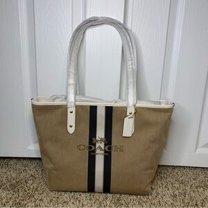 Coach Beige and White Tote Bag